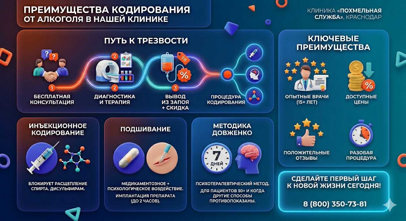 Инфографика о методах кодирования от алкоголя в Брянске: инъекции, подшивание, метод Довженко. Преимущества клиники и этапы лечения.