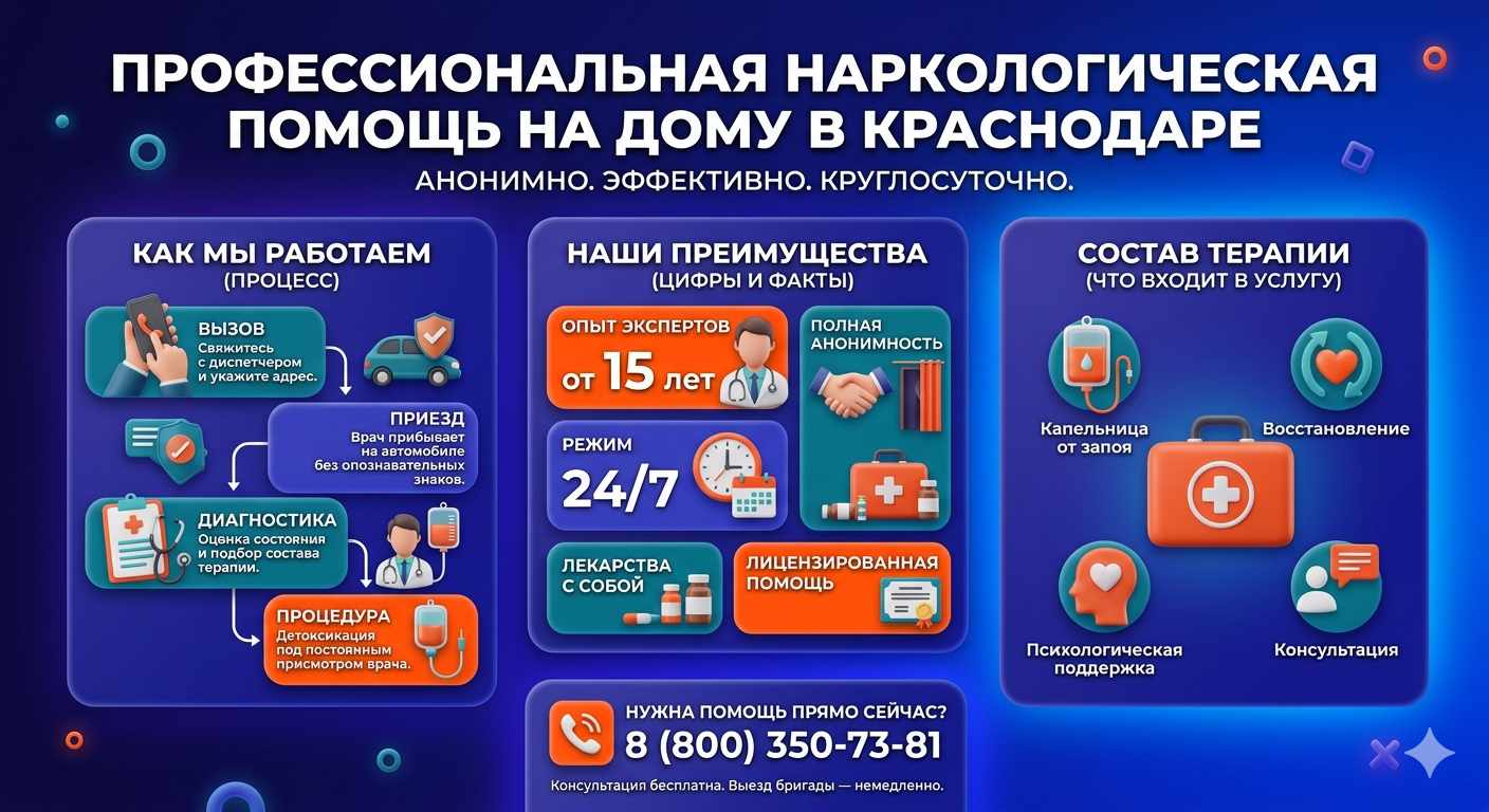 Инфографика о принципах лечения алкоголизма на дому в Брянске: этапы вызова нарколога, преимущества анонимной детоксикации и состав медицинской помощи.